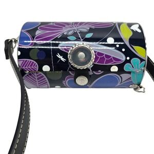 2011 Little Earth Metal Purse Purple Floral Dragonfly Butterfly Barrel Bag